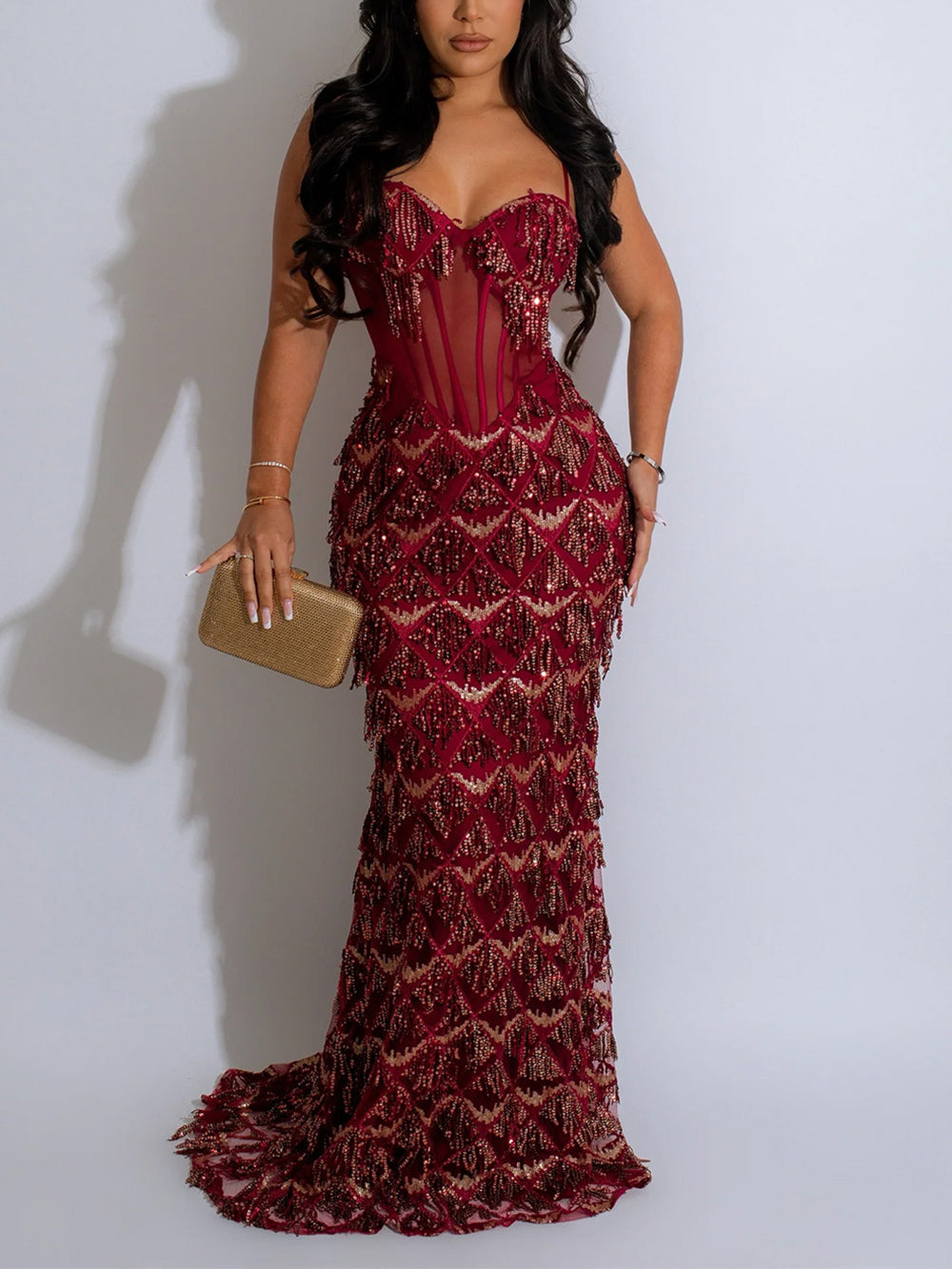 Sexy Sequin Sheer Mesh Spaghetti strap Party Long Dress