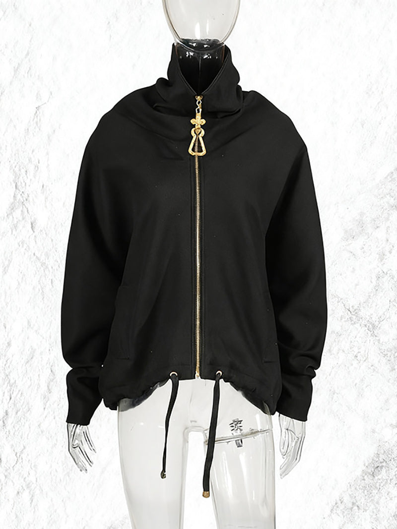 Fashion Patchwork Zipper Drawstring Jacket