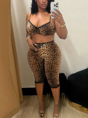 Sexy Leopard Lace Bra And Capri Pants Clubwear Set