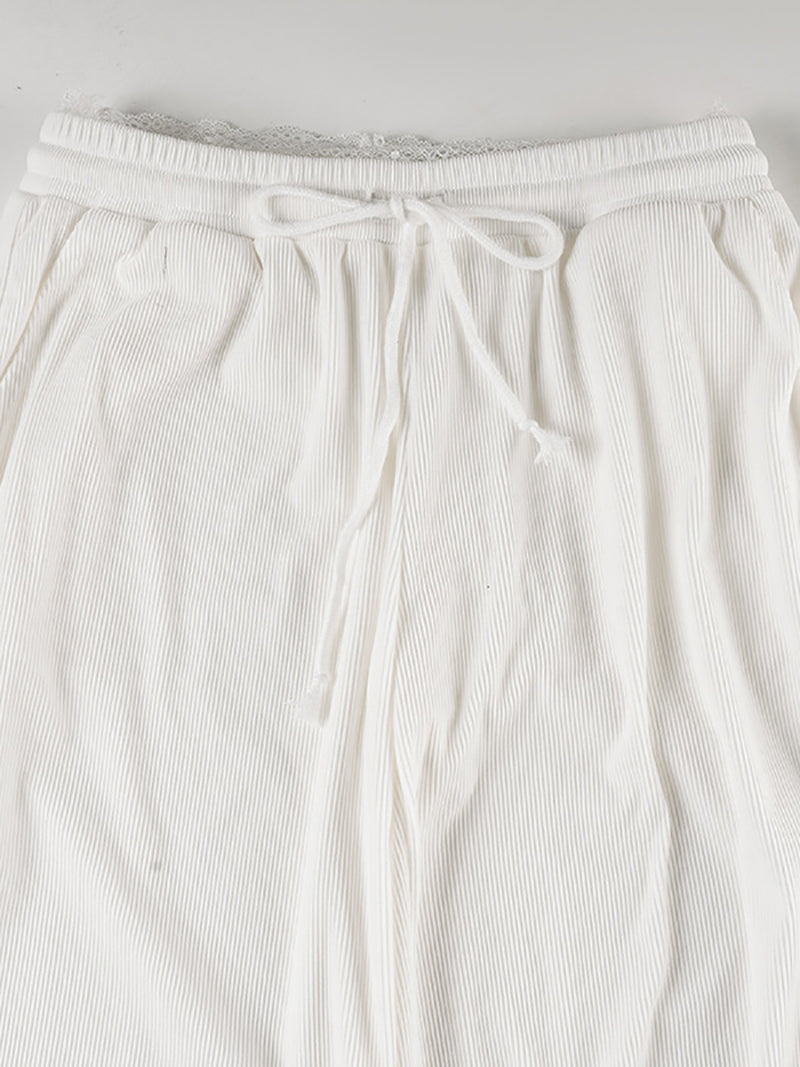 Lace Patchwork Drawstring Corduroy Straight Pants