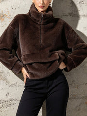 Plush Half Zip Stand Collar Pullover-boutique