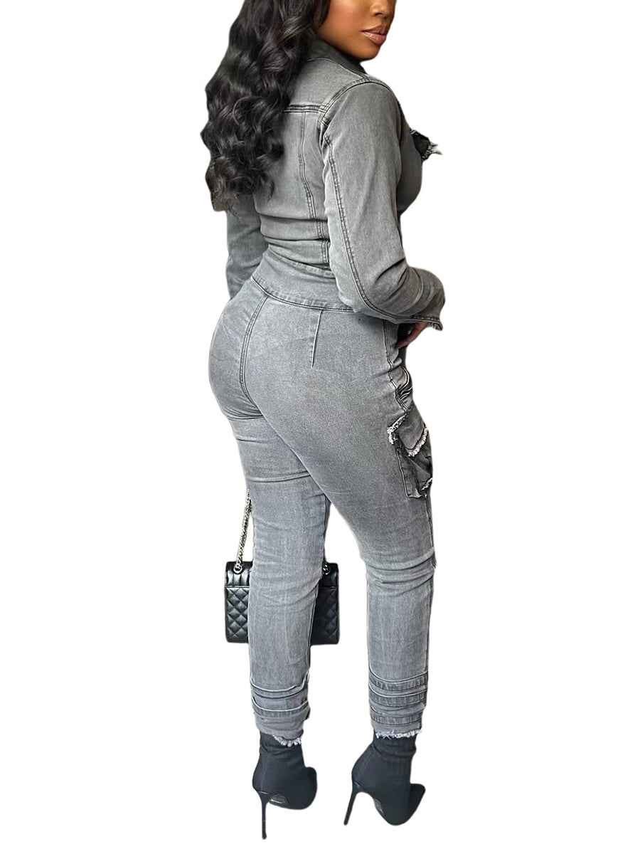 Casual Zip-Front Bandage Denim Cargo Jumpsuit