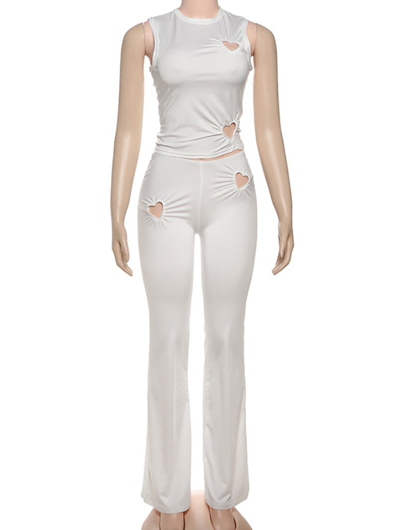 Heart Hollow Sleeveless Top High Waist Pant Set
