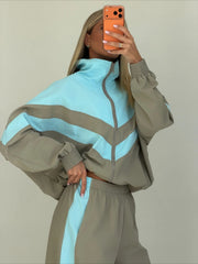Contrast Panel Stand Collar Jacket and Pants Set