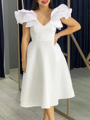 Fashion Ruffle Sleeve V Neck Midi Dress