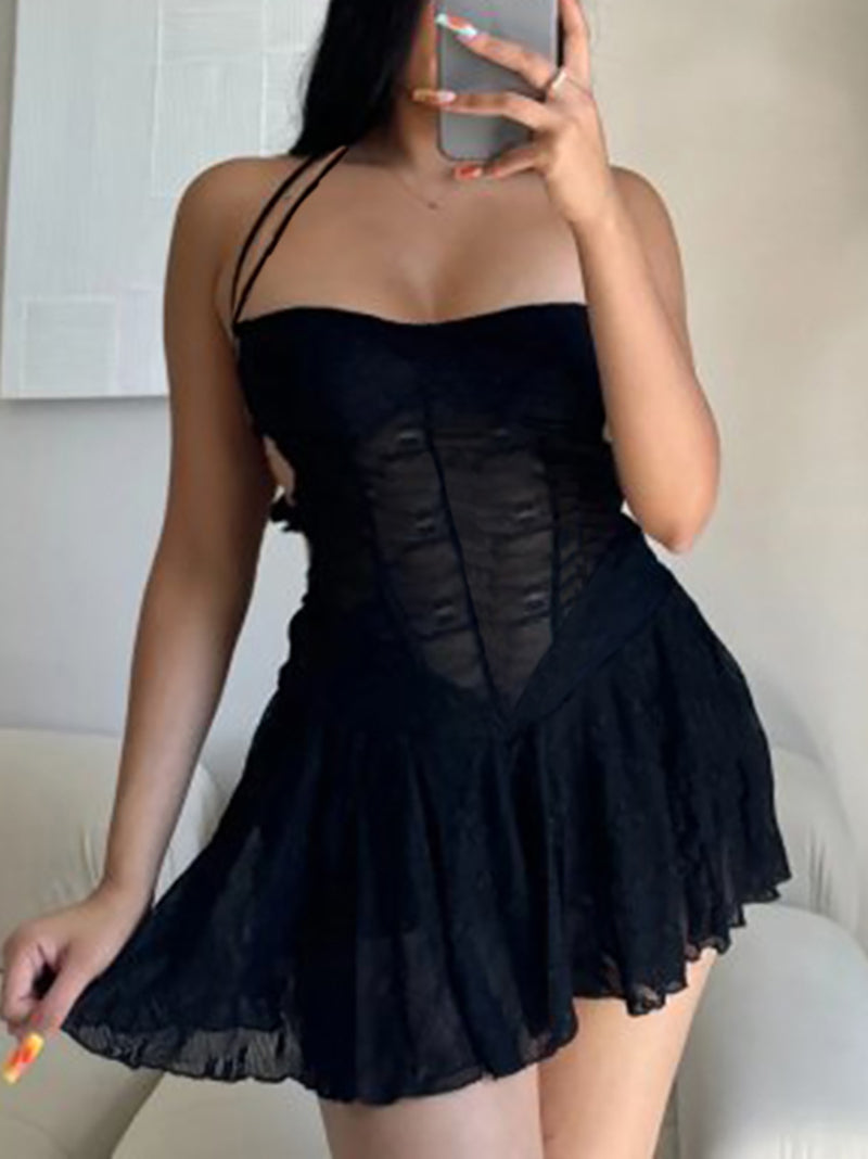 Sexy Backless Lace-up See Through Mini Dress
