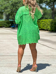 Solid Color Hollow Out Turndown Collar Shirt Dress