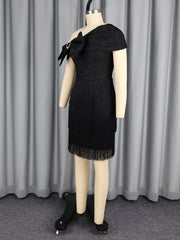 Elegant Slash shoulder Rhinestone Bow Fringe Midi Dress