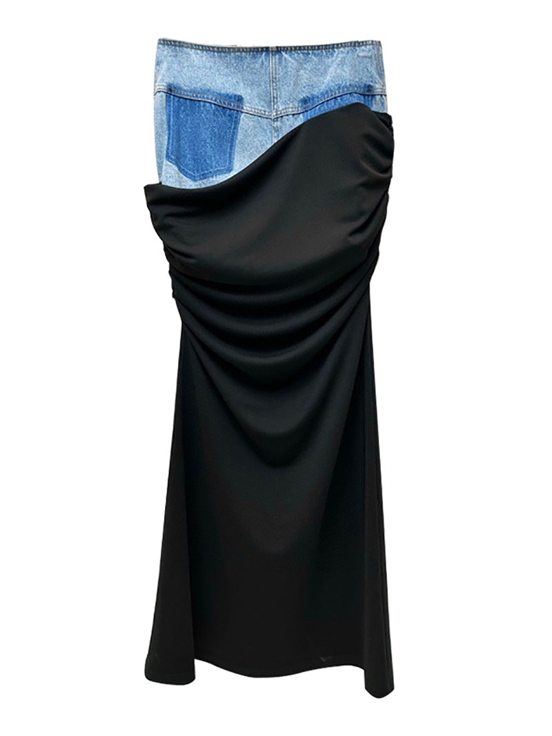 Fashion Denim Patchwork Long Skirts