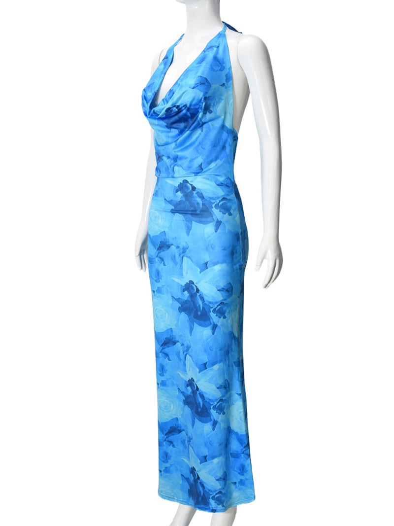 Elegant Print Halterneck Slim Maxi Dress