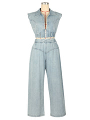 Casual Sleeveless Denim Zip-Up Top And Wide Pants Sets