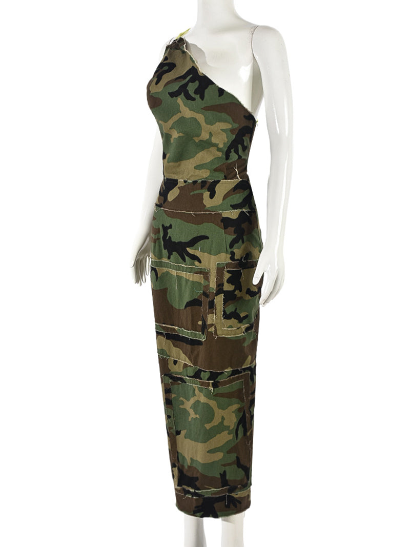 Camo Print One Shoulder Backless Slim Fit Midi Dresses