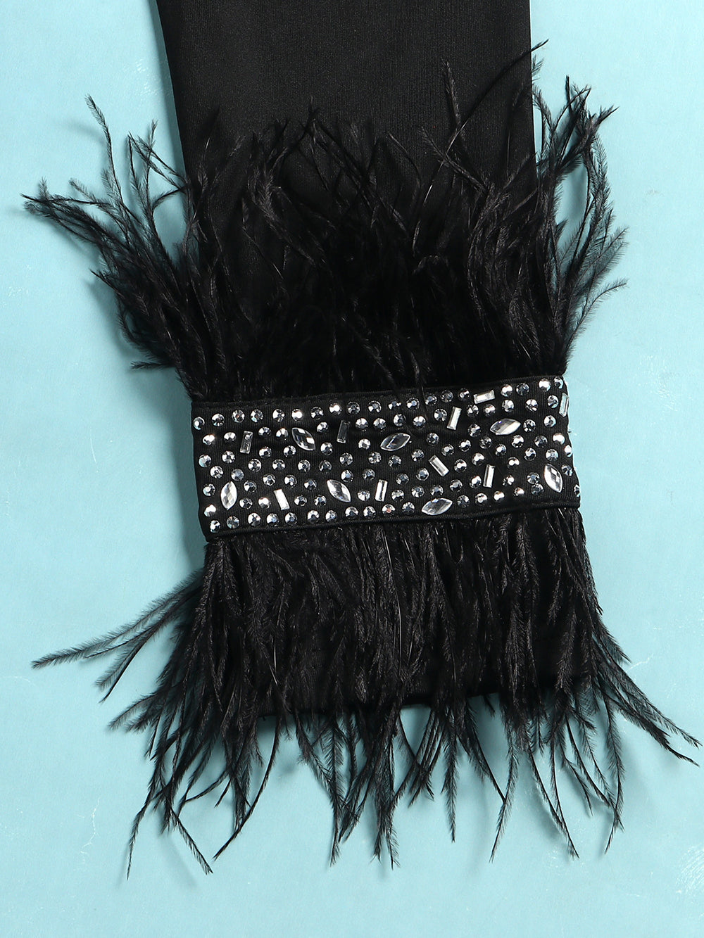 Rhinestone Feather Sleeve Package Hip Mini Dress