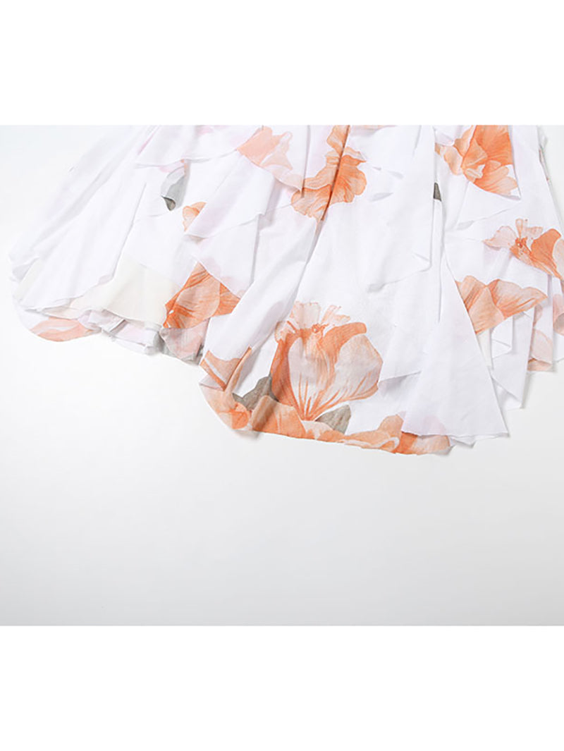 Fashion Floral Print Starfish Brooch Halter Mini Dress