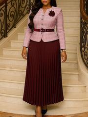 Plaid Print Long Sleeve Top And Pleated Skirt Sets