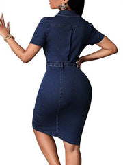 Button Front Slit Denim Shirt Dress