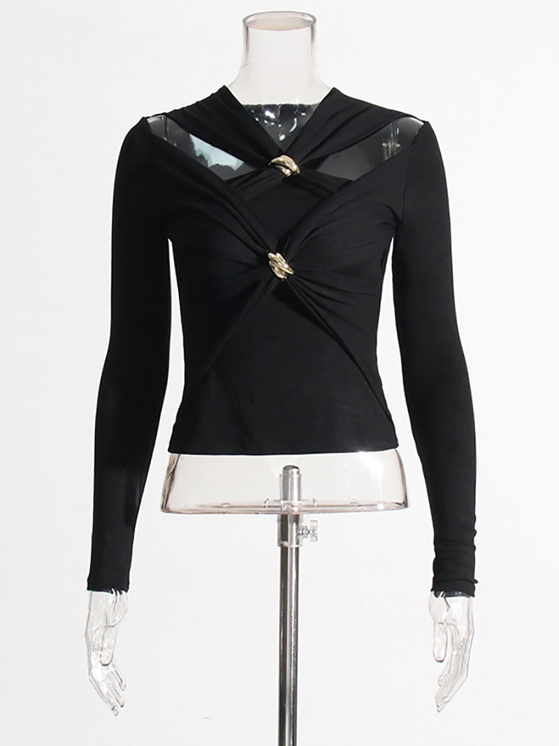 Casual Solid Hollow Out Slim Long Sleeve T Shirt