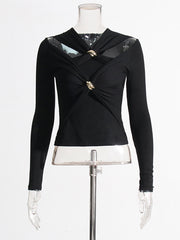 Casual Solid Hollow Out Slim Long Sleeve T Shirt