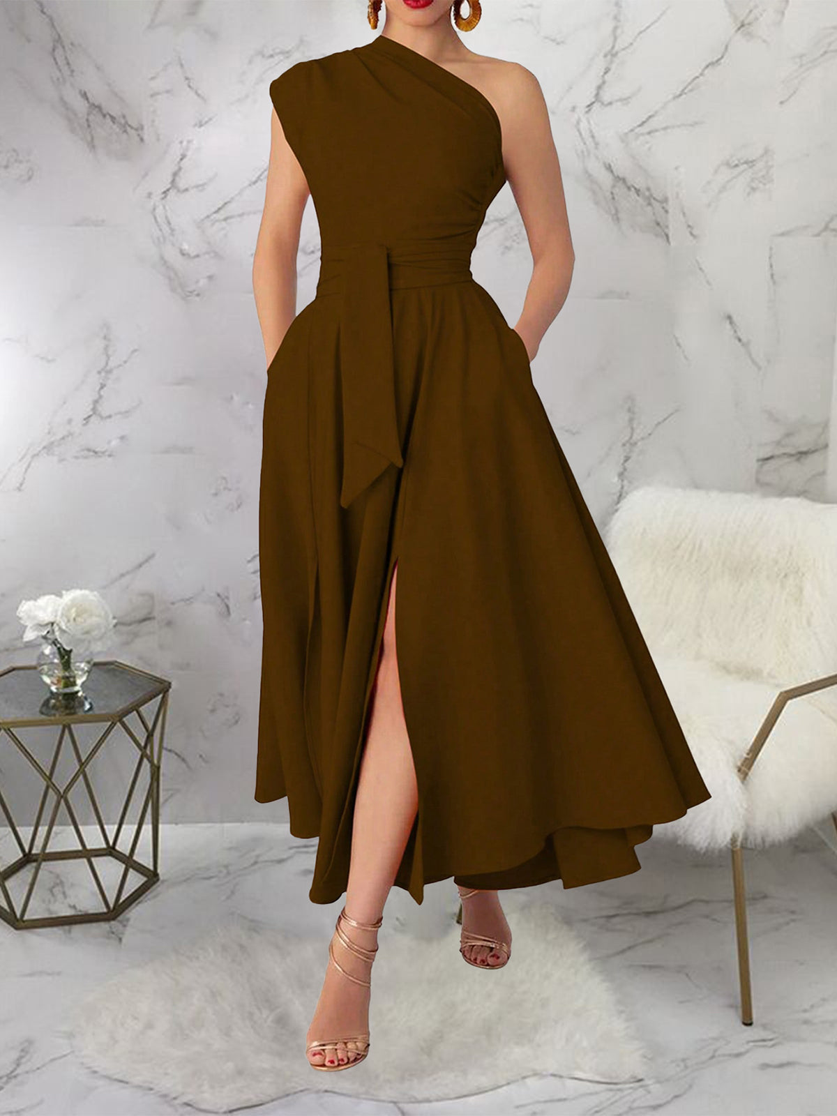 Elegant One Shoulder Pleated Party Maxi Split Dress
