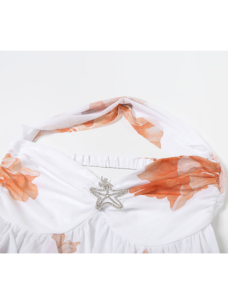 Fashion Floral Print Starfish Brooch Halter Mini Dress