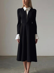 Fashion Elegant Patchwork Lapel A-Line Midi Dress