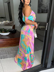 Sexy Tie-Dye Print Skew Shoulder High Slit Long Dress