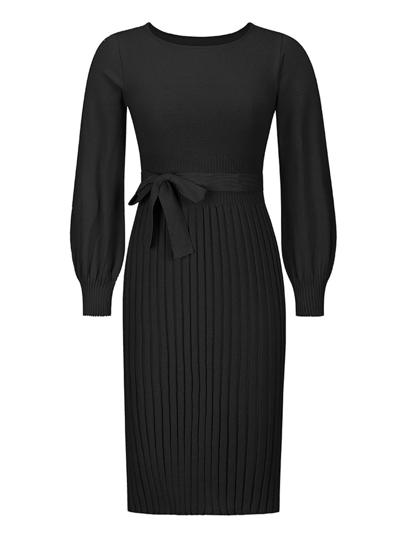 Fashion Round Neck Knit Pleated Sweater Dress