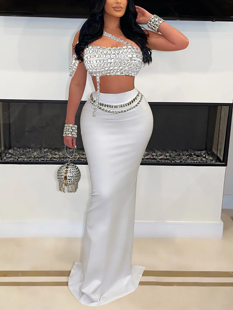 Rhinestone Wrapped Chest Maxi Skirt Evening Sets