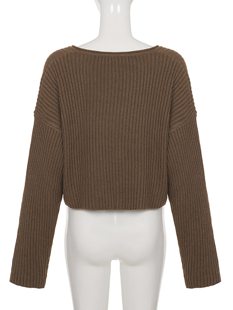 Casual Vintage Ribbed Cropped Pullover Sweater