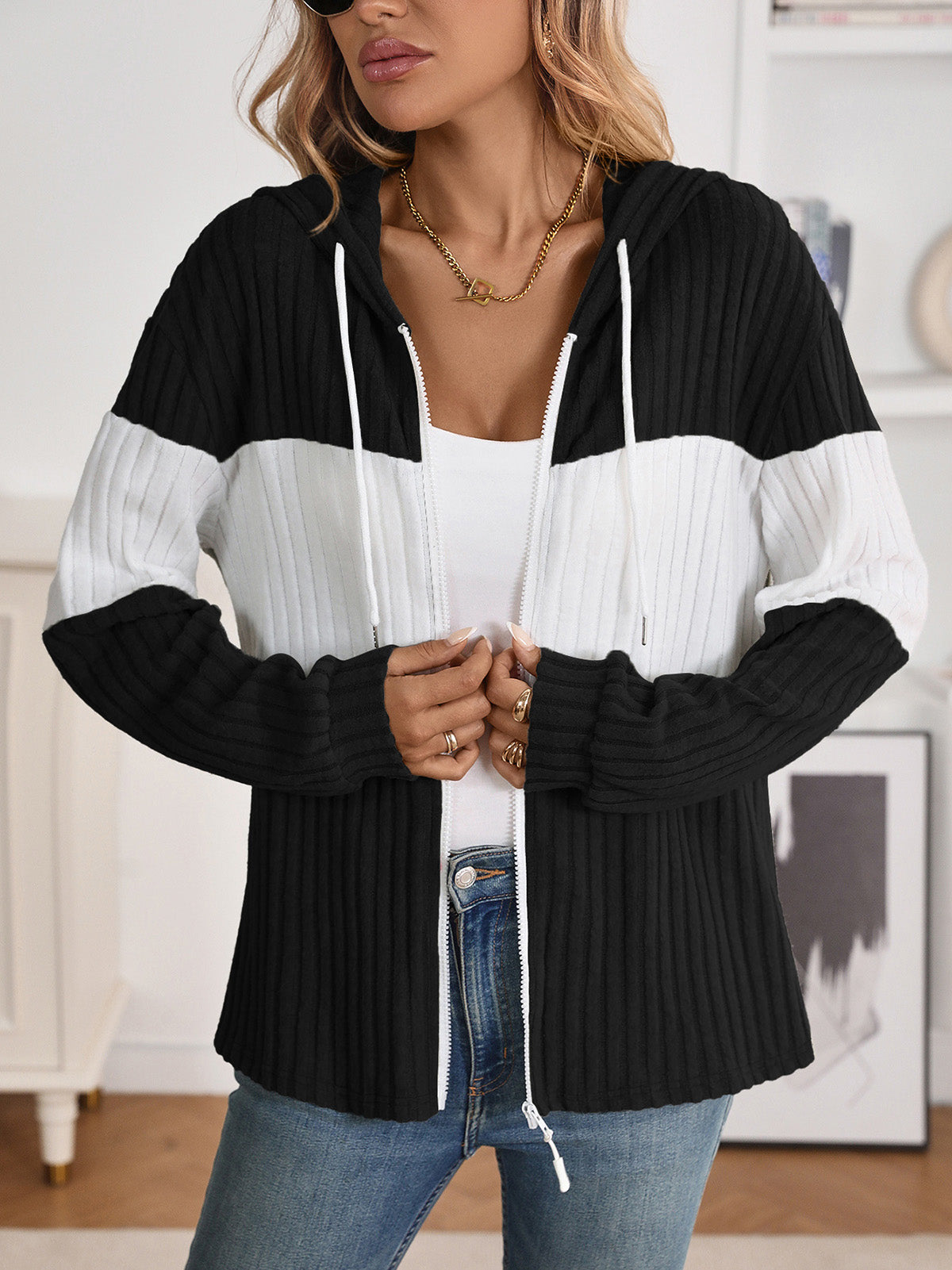 Casual Ribbed Knit Hooded Zip Cardigan