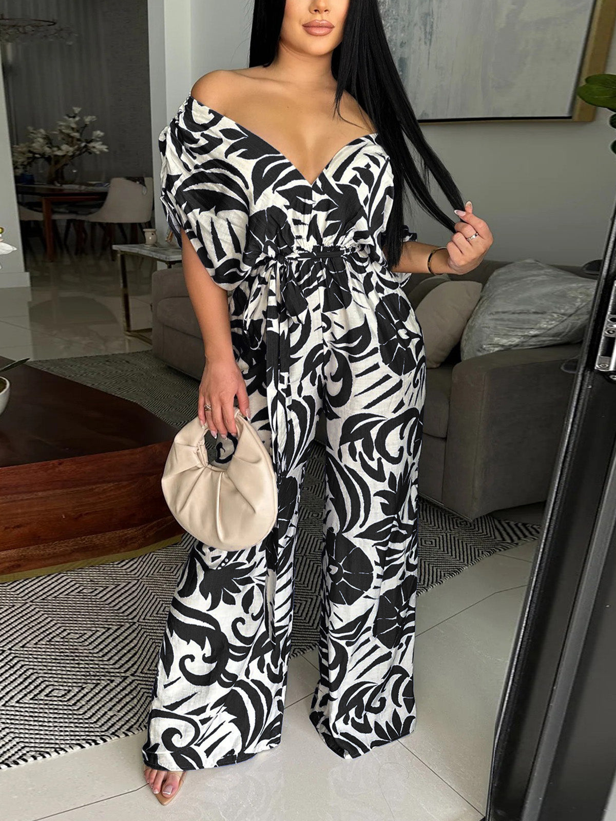 Casual Print Off Shoulder Lace-up Wide Leg Jumpsuit