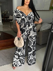 Casual Print Off Shoulder Lace-up Wide Leg Jumpsuit