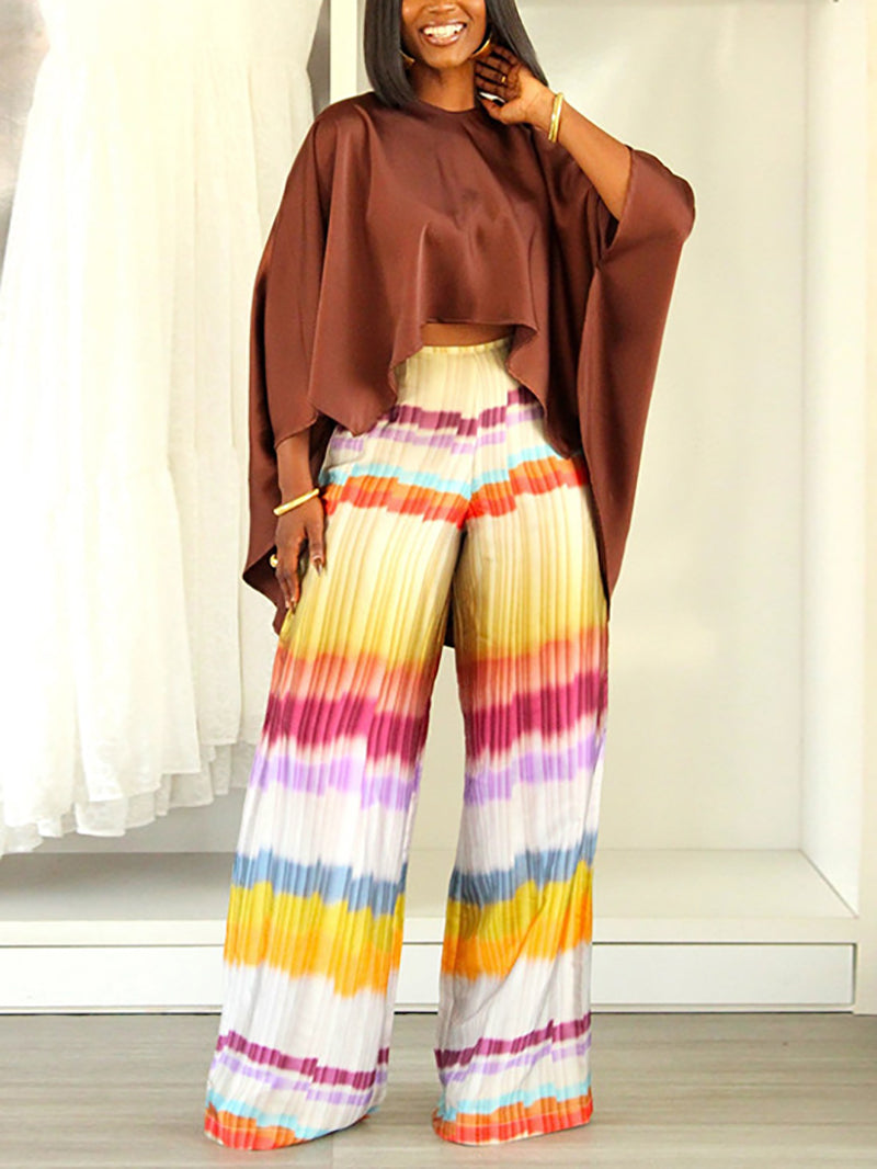 Round Neck Irregular Print Wide Leg Pants Set