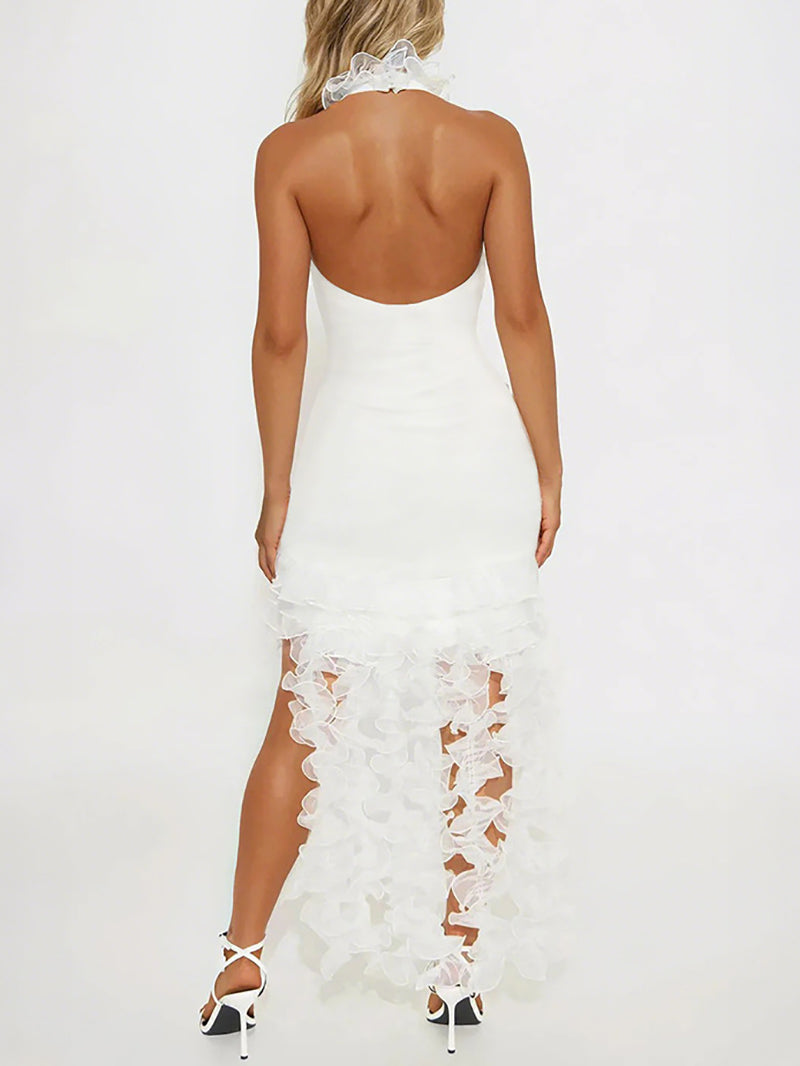 Sexy Halter Ruffles Ruched Mesh Mini Dress
