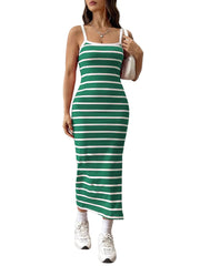 Casual Stripe Print Sleeveless Slim Long Dress