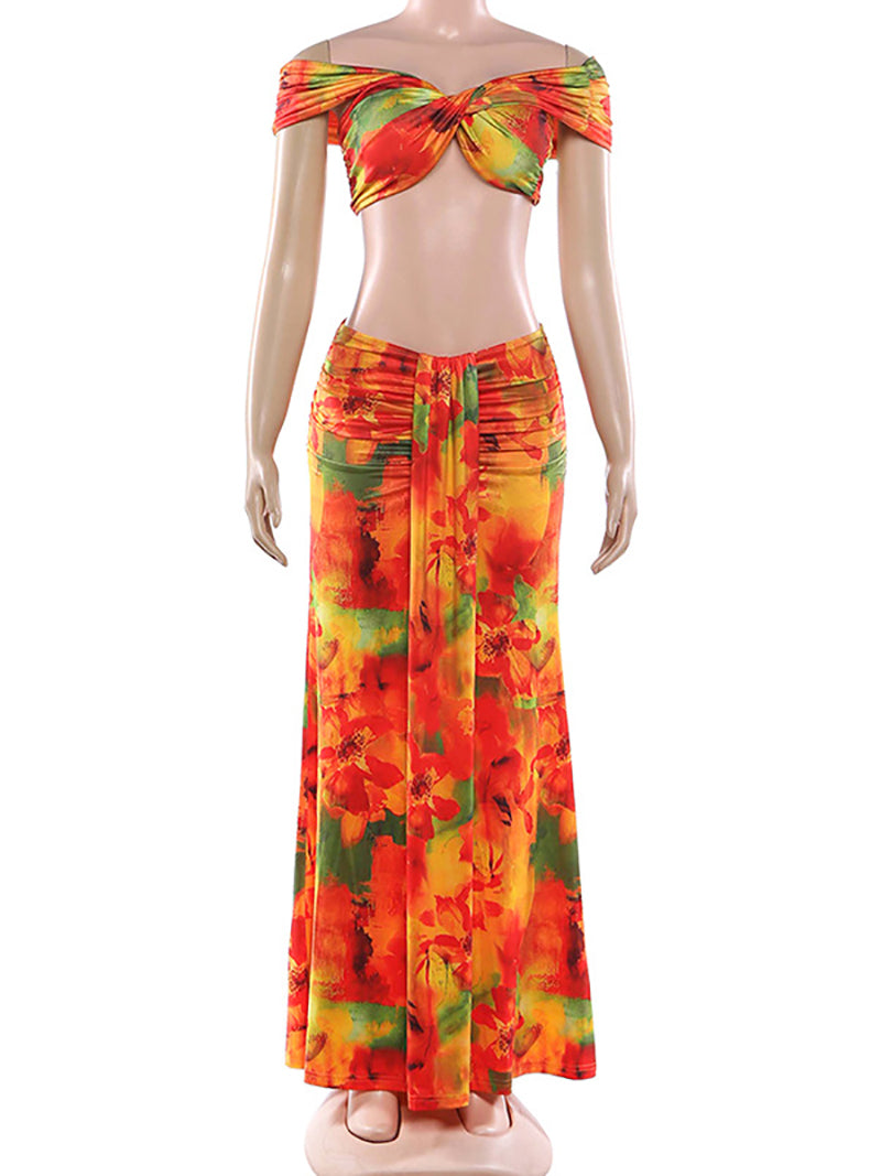 Sexy Off Shoulder Print Crop Top And Maxi Skirt Set