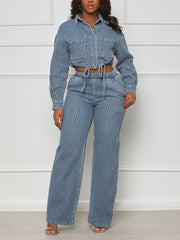 Casual Denim Drawstring Top and Pants 2 Piece Set