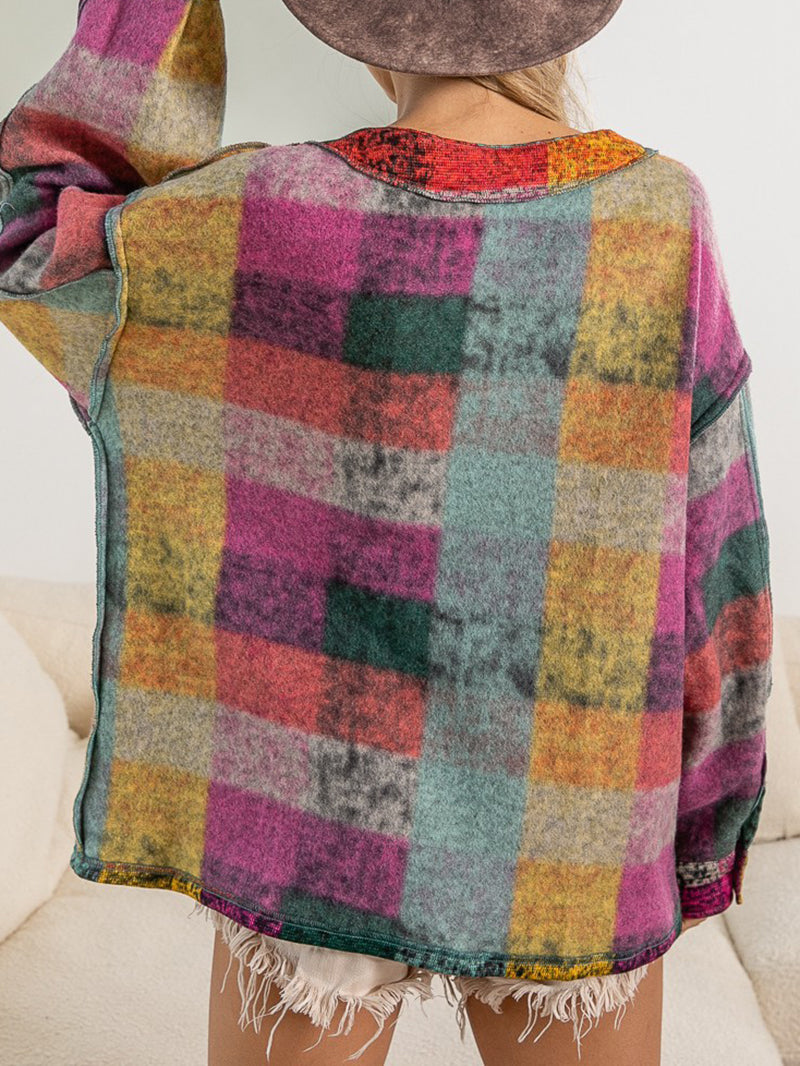 Casual V Neck Multicolor Plaid Button Cardigan