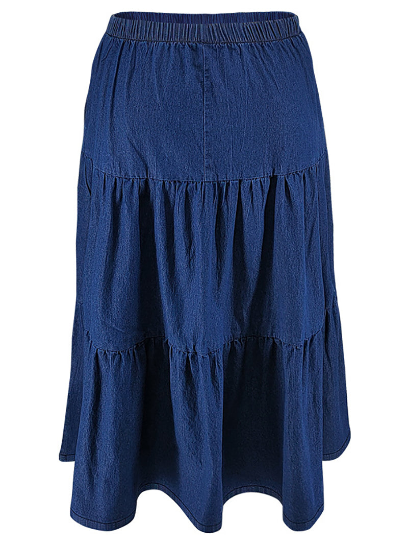 High Waist Ruffle Hem Maxi Denim Skirt