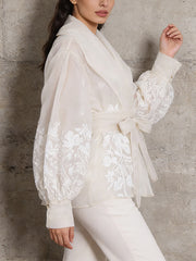 Vintage Floral Pattern Lapel Mesh Blouse