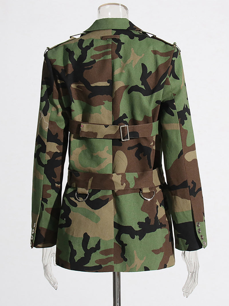 Camo Single Breasted Long Sleeve Ladies Blazer Coat