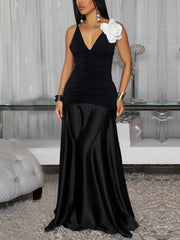 Sexy Flower Decor V Neck Sleeveless Slim Maxi Dress