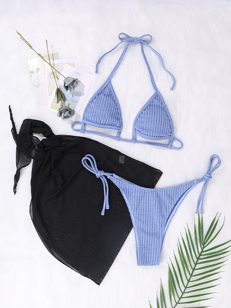 Cut Out Rib Knit Halter 3 Piece Set Swimwear Set