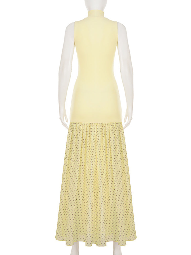 High Collar Sleeveless Sheer Mesh Patchwork Maxi Dress