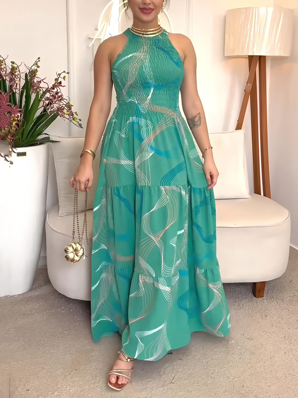 Elegant Print Halter Sleeveless Ruffle Hem Maxi Dress