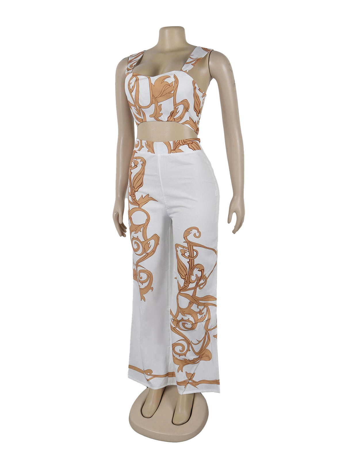 Sleeveless Print Crop Vest High Waist Wide Leg Pant Set