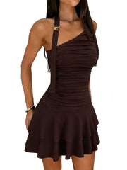 Sexy Halter Backless Asymmetrical Ruched Mini Dress