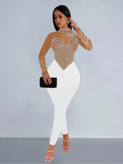 Rhinestone Mesh High Neck Long Sleeve Jumpsuit