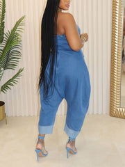 Fashion Casual Baggy Strapless Denim Jumpsuit