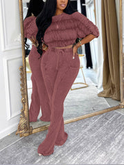 Casual Off Shoulder Pleated Crop Top Two Piece Sets